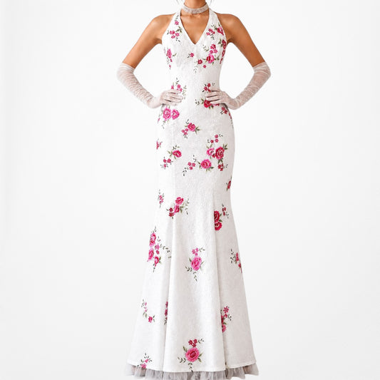 Vintage Y2K White Pink Floral Beaded Halter Tulle Lined Maxi Prom Dress Size M