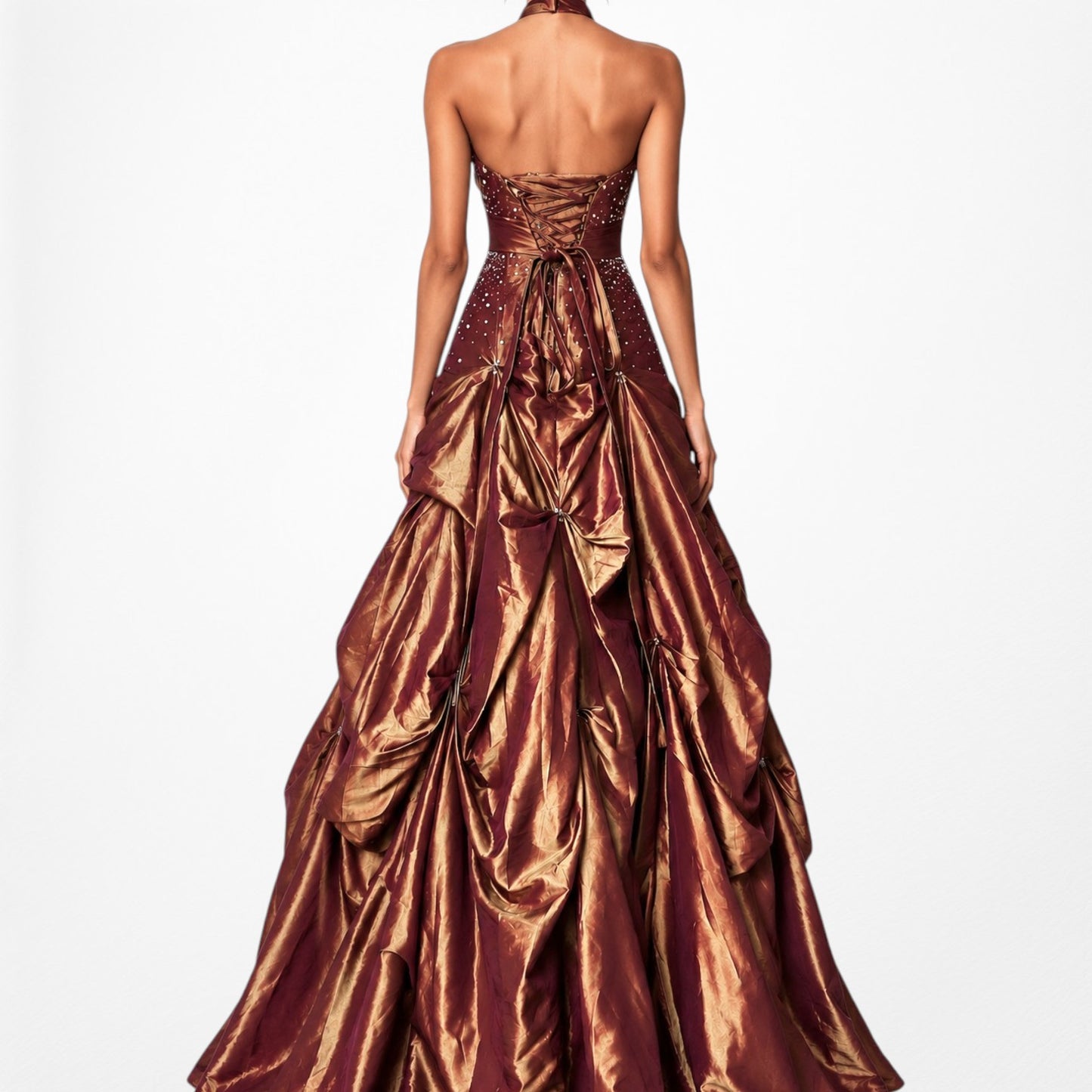 Vintage Y2K Copper Brown Halter Beaded Satin Flared Maxi Prom Dress Size XS/S