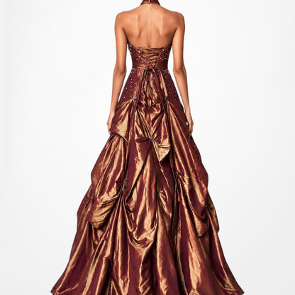 Vintage Y2K Copper Brown Halter Beaded Satin Flared Maxi Prom Dress Size XS/S