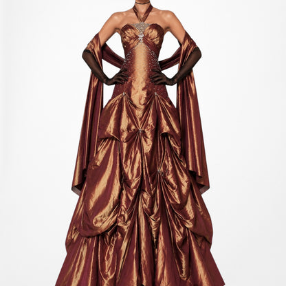 Vintage Y2K Copper Brown Halter Beaded Satin Flared Maxi Prom Dress Size XS/S
