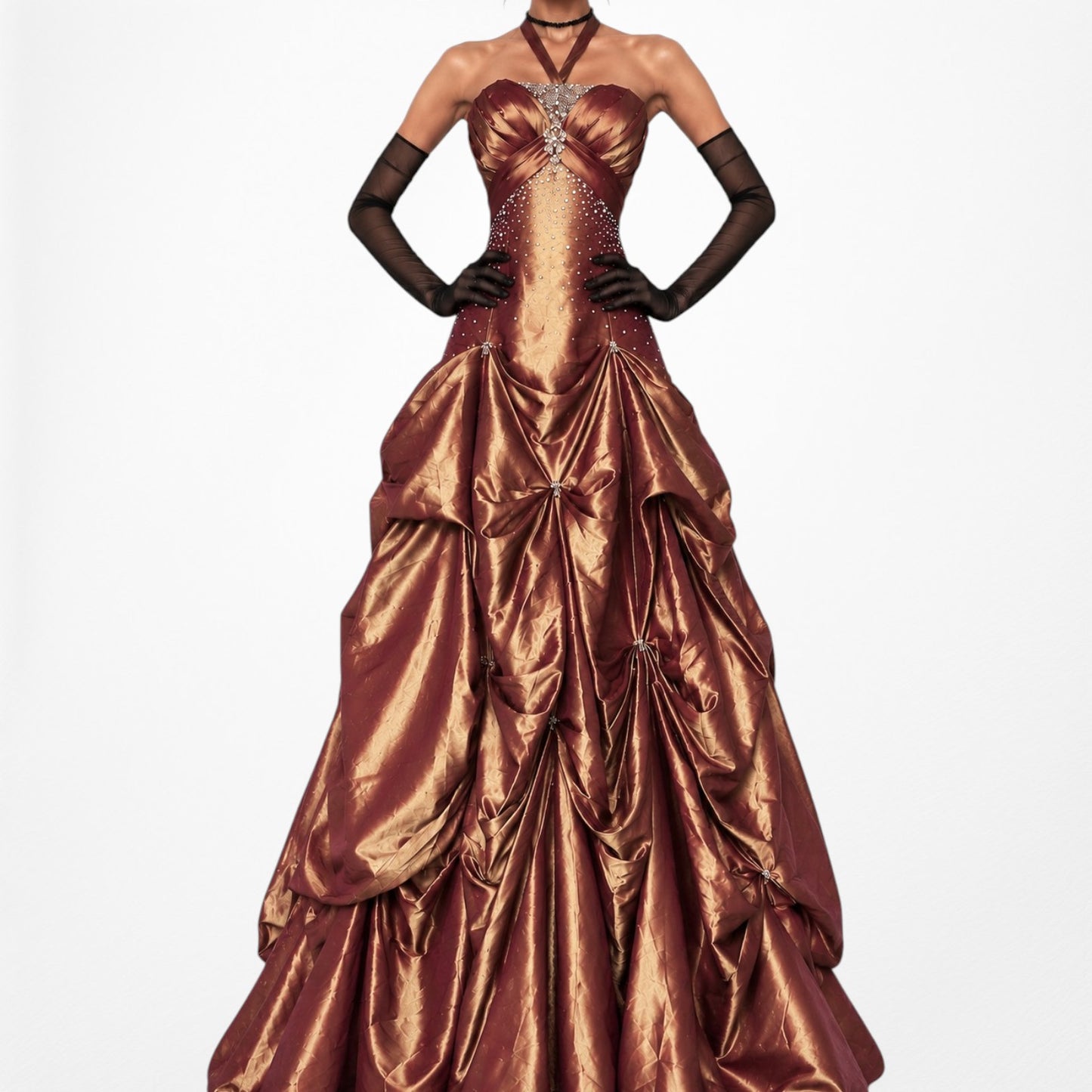 Vintage Y2K Copper Brown Halter Beaded Satin Flared Maxi Prom Dress Size XS/S