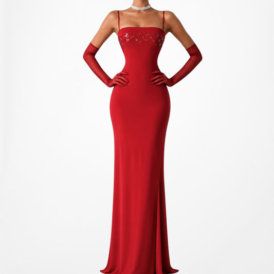 Vintage Y2K 90s Red Knit Bodycon Sequin Formal Prom Side Slit Maxi Dress M