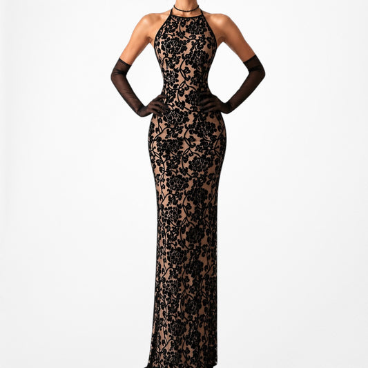 Vintage Brown Black Semi Sheer Knit Bodycon Maxi Cocktail Formal Dress Size XS/S