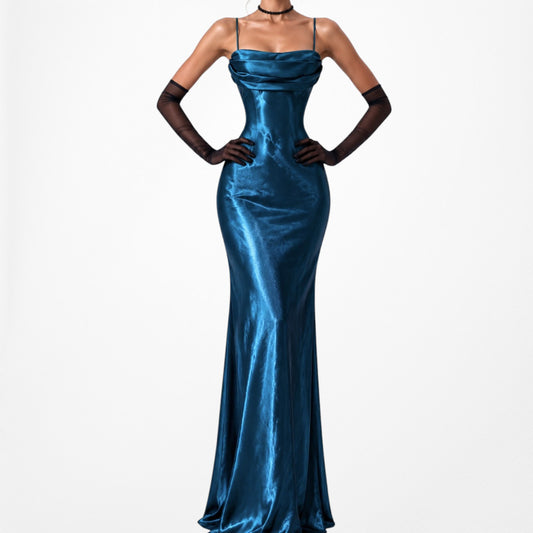 Vintage Blue Satin Babydoll Fit Flared Maxi Cocktail Prom Dress Size M