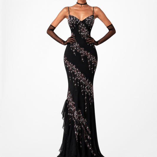 Vintage Black Silk Ruffle Floral Beaded Bodycon Maxi Formal Prom Dress Size S