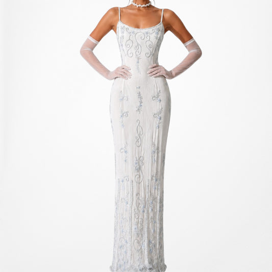 Vintage Baby Blue Silk Floral Beaded Bodycon Maxi Prom Dress Size S