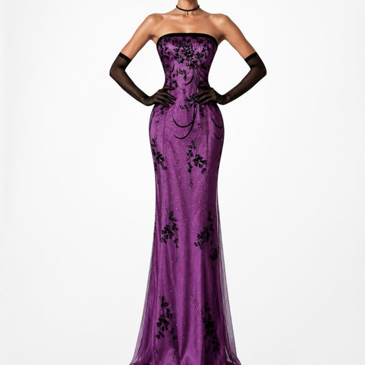 Vintage Y2K Purple Black Strapless Mesh Floral Velvet Maxi Prom Dress Size M/L