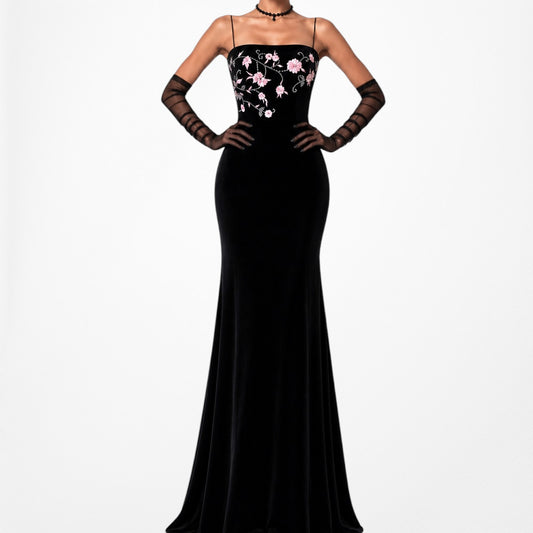 Vintage Black Pink Velvet Floral Embroidered Maxi Bodycon Formal Prom Dress Size S/M