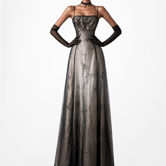 Vintage Black Gold Floral Beaded Mesh Ombre Maxi Prom Dress Size S/M