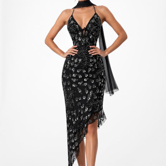 Vintage Black Silk Floral Beaded High Low FIt Flared Formal Homecoming Prom Dress Size M/L