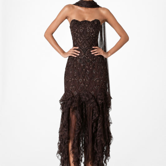 Vintage Y2K Brown Strapless Floral Beaded Ruffle Hem Maxi Prom Dress Size M