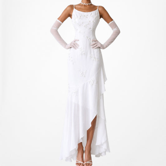 Vintage White Floral Beaded Maxi Dress Size S