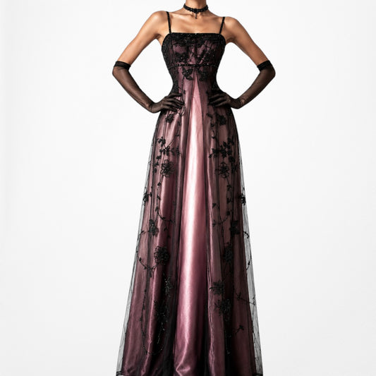 Vintage Plum Brown Floral Beaded Satin Gradient Mesh Maxi Prom Dress Size S