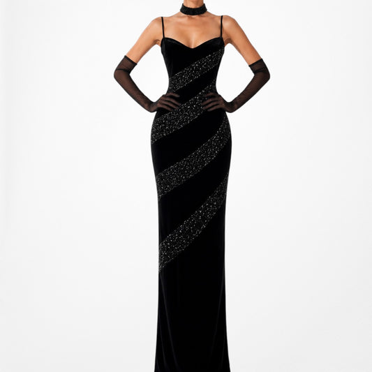 Vintage Black Velvet Beaded Maxi Bodycon Cocktail Formal Prom Dress Size M/L