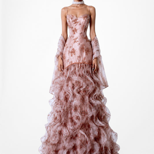 Vintage Pink Organza Floral Beaded Ruffle Flared Maxi Prom Dress Size M