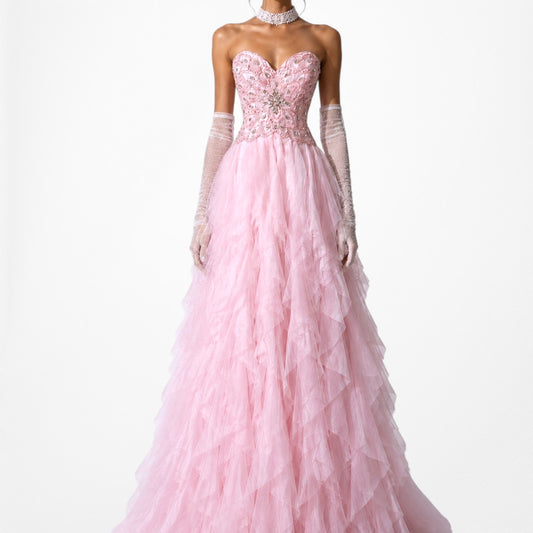 Vintage Pastel Pink Strapless Beaded Ruffle Fit Flared Formal Cocktail Prom Dress Size S/M