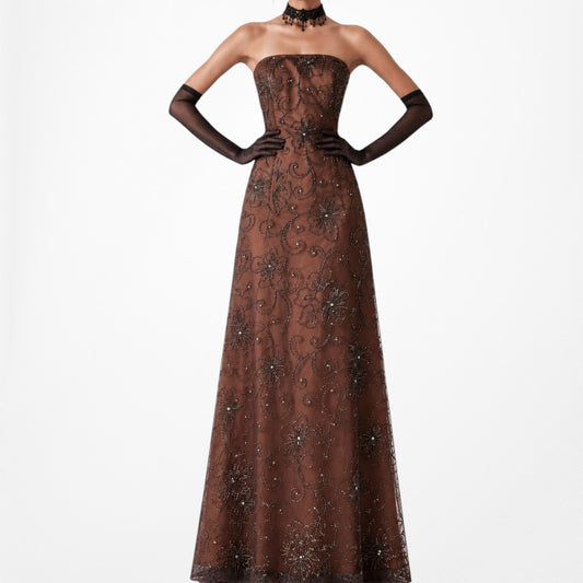 Vintage Brown Floral Beaded Strapless Fit Flared Mesh Maxi Cocktail Formal Prom Dress Size M