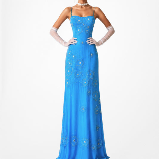 Vintage Y2K Blue Floral Beaded Bodycon Maxi Formal Prom Dress Size M