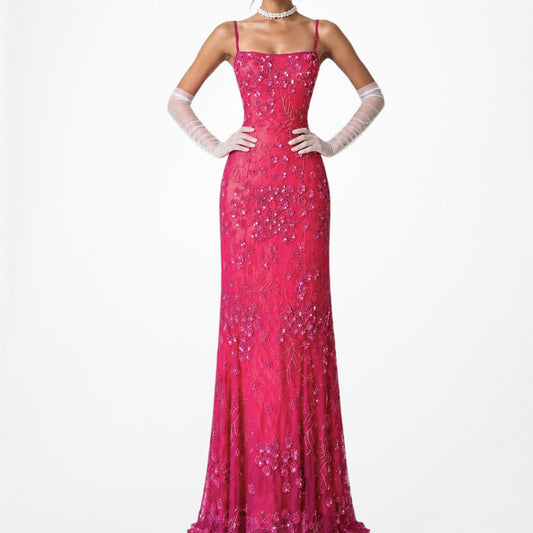 Vintage Y2K Pink Floral Beaded Silk Bodycon Maxi Prom Formal Dress Size S