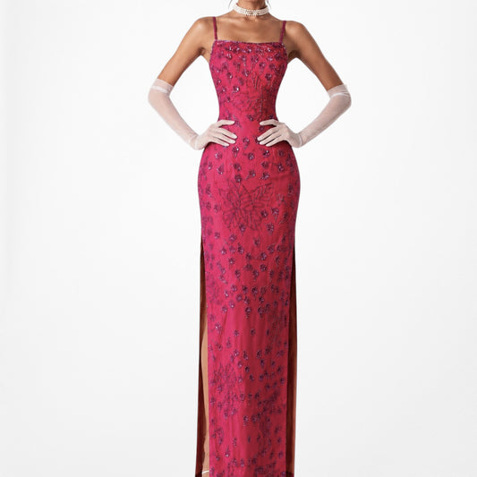Vintage Pink Floral Beaded Silk Side Slit Bodycon Maxi Prom Dress Size S