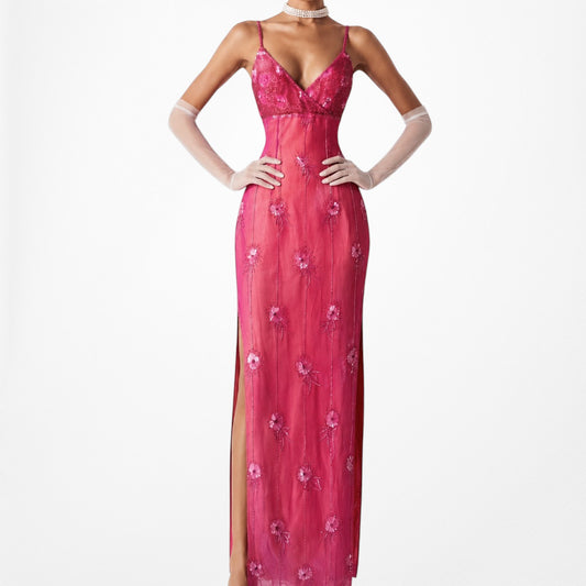 Vintage Pink Floral Beaded Silk Double Side Slit Maxi Babydoll Prom Dress S/M