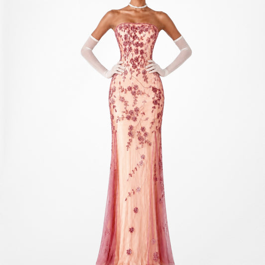 Vintage Y2K Pink Strapless Floral Beaded Mesh Sequin Maxi Prom Dress Size L/XL