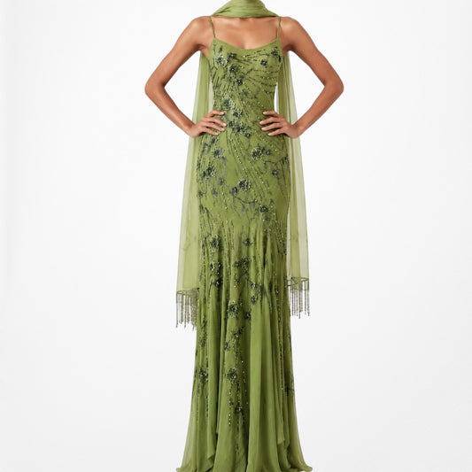 Vintage Y2K Olive Green Floral Beaded Bodycon Prom Shawl Dress Size S
