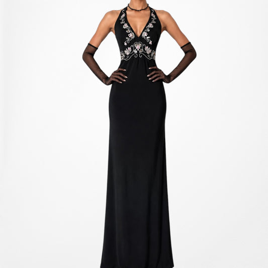 Vintage Black Floral Beaded Knit Maxi Bodycon Cocktail Formal Prom Dress Size M
