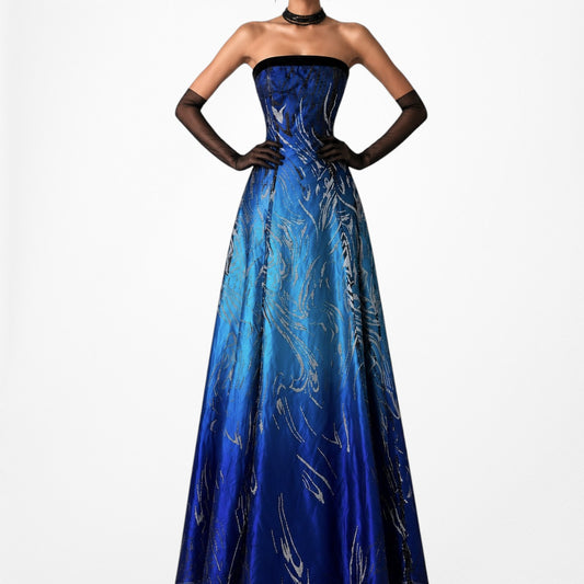 Vintage Blue Strapless Satin Mesh Ombre Fit Flared Maxi Formal Prom Dress Size XS/S