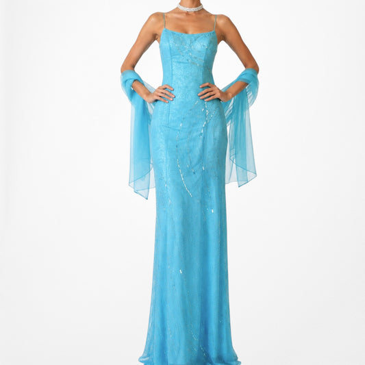 Vintage Y2K Blue Beaded Sequin Fitted Formal Maxi Prom Dress W/ Shawl Size M