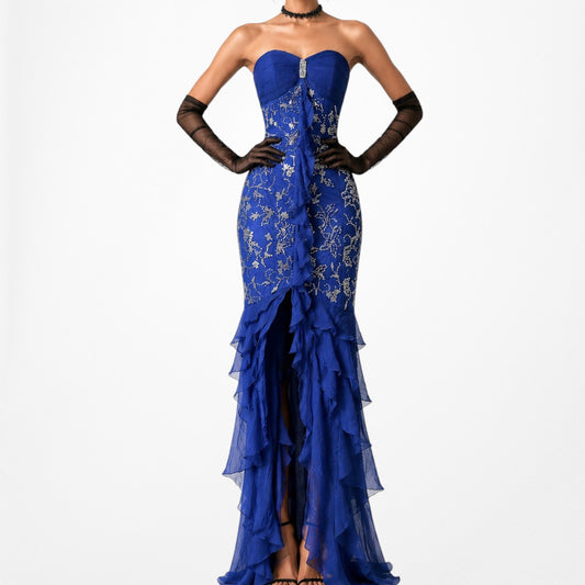 Vintage Blue Strapless Floral Beaded Silk Ruffle Asymmetric Prom Dress Size XS