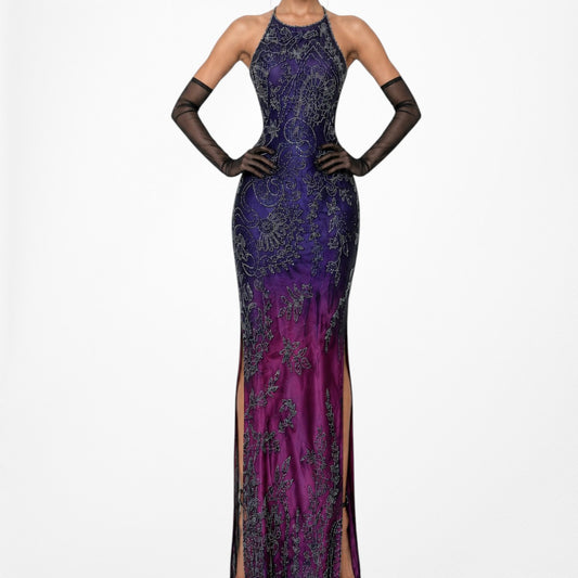 Vintage Black Purple Pink Floral Beaded Ombre Satin Maxi Bodycon Dress Size S