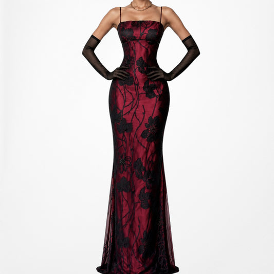 Vintage Burgundy Red Black Floral Mesh Bodycon Maxi Formal Dress Size M