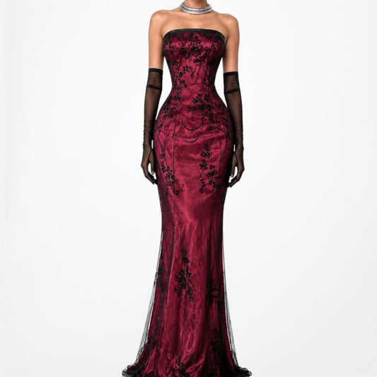 Vintage Burgundy Red Strapless Black Velvet Satin Mesh Floral Fit Flared Maxi Formal Prom Dress Size M