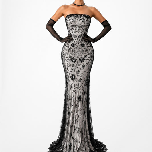 Vintage Gray Black Strapless Floral Beaded Maxi Prom Formal Dress Size M/L
