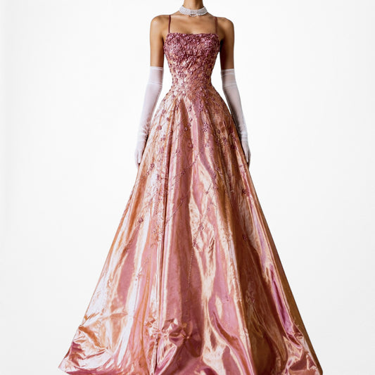 Vintage Orange Pink Floral Beaded Fit Flared Metallic Maxi Formal Prom Dress Size M