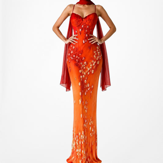 Vintage Orange Floral Beaded Silk Ombre Bodycon Maxi Formal Prom Dress Size M/L