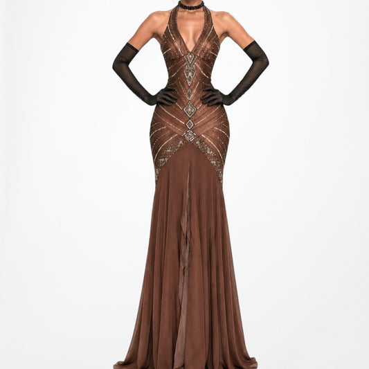 Vintage Brown Silk Beaded Halter Fishtail Bodycon Maxi Formal Prom Dress Size 6/M