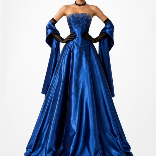 Vintage Blue Strapless Beaded Fit Flared Satin Maxi Formal Prom Dress Size S