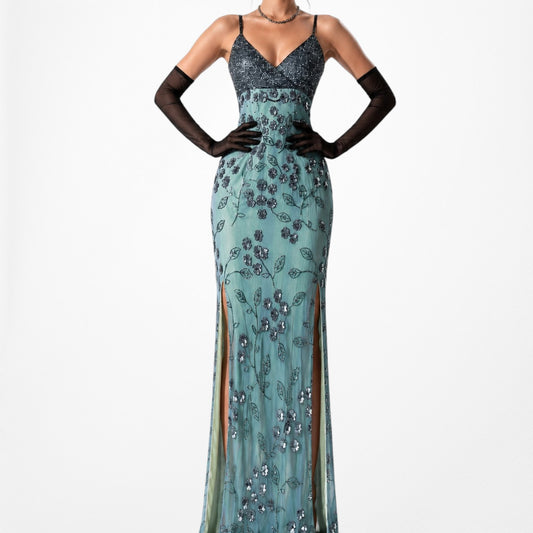 Vintage Blue Floral Beaded Silk Maxi Bodycon Formal Prom Dress Size S