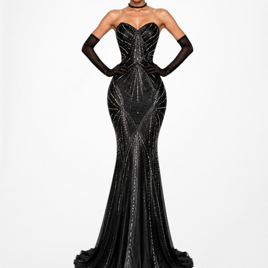Vintage Gray Black Brown Strapless Beaded Mesh Maxi Bodycon Formal Prom Dress Size L