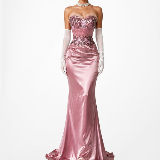 Vintage Pastel Pink Strapless Floral Beaded Satin Maxi Bodycon Formal Prom Dress Size S