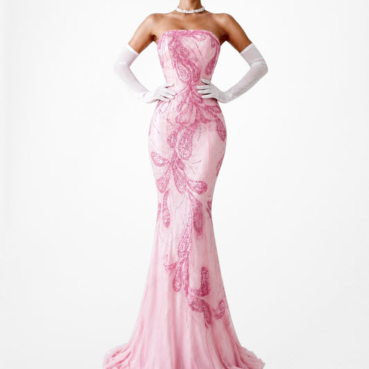 Pink Vintage Strapless Silk Beaded Bodycon Maxi Formal Prom Dress Size S