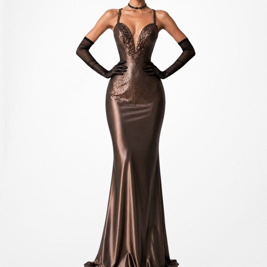 Vintage Brown Halter Beaded Satin Maxi Bodycon Fishtal Formal Prom Dress Size S/M