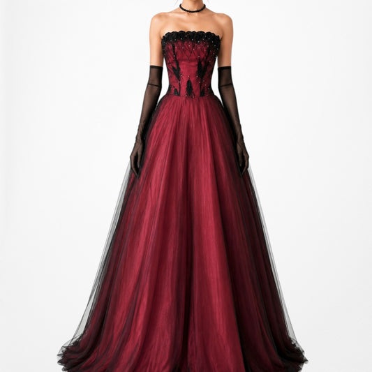 Vintage Burgundy Red Black Beaded Mesh Fit Flared Maxi Formal Prom Dress Size S