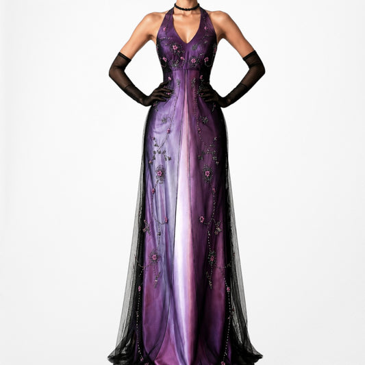 Vintage Purple Black Satin Mesh Floral Beaded Halter Fit Flared Maxi Formal Prom Dress Size S/M