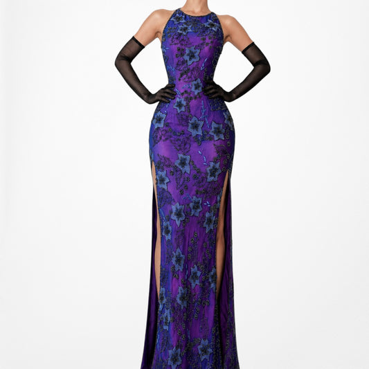 Vintage Purple Blue Mesh Floral Beaded Slit Silk Bodycon Maxi Formal Prom Dress Size 6