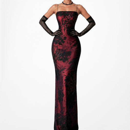 Vintage Black Red Floral Beaded Mesh Knit Bodycon Cocktail Formal Dress Size S/M