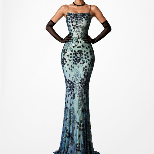 Vintage Blue Green Floral Beaded Mesh Silk Bodycon Maxi Formal Dress Size S
