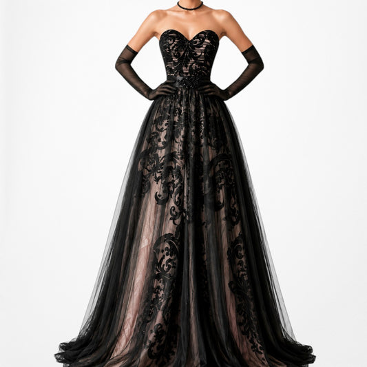 Vintage Black Strapless Floral Mesh Fit Flared Maxi Formal Prom Dress Size S